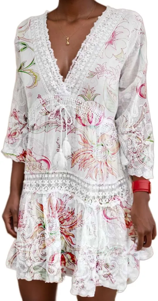 Akivide Women's Flowy Bohemian Lace Up V Neck Ruffle Mini Dress Summer Elegant Beach Wedding Short Tunic Dress