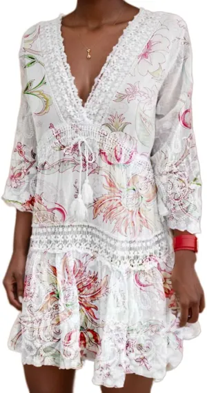 Akivide Women's Flowy Bohemian Lace Up V Neck Ruffle Mini Dress Summer Elegant Beach Wedding Short Tunic Dress
