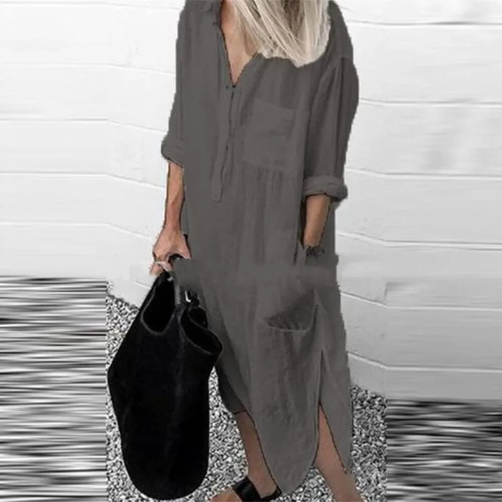 Akivide Women's Plus Size Cotton Shirt Dress Casual Loose Long Sleeve Half Button Up Collared Midi Dresses with Pockets
