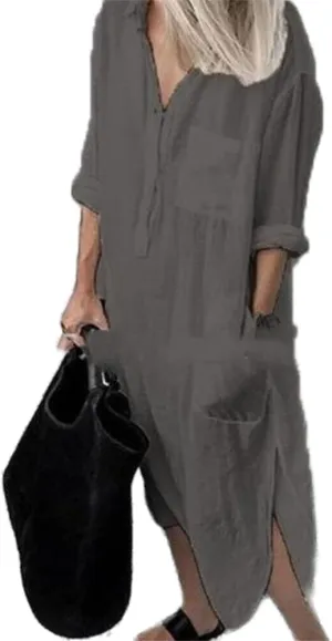 Akivide Women's Plus Size Cotton Shirt Dress Casual Loose Long Sleeve Half Button Up Collared Midi Dresses with Pockets