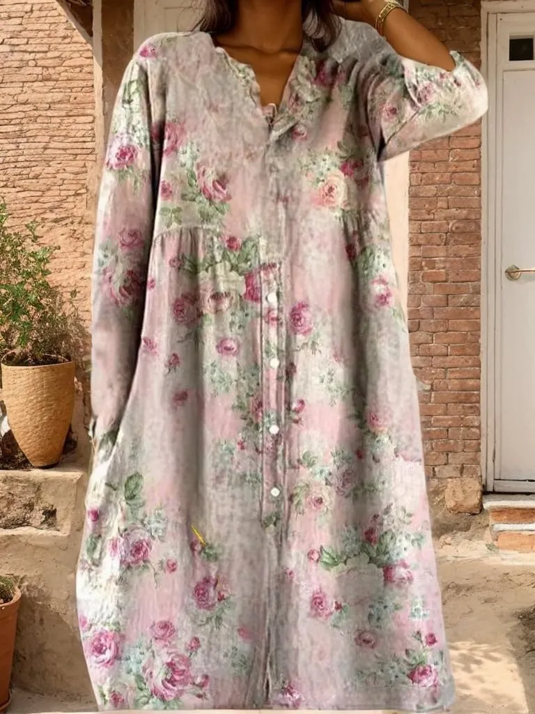 Akivide Women's Summer Boho Floral Print Button Down Shirt Dress with Pocket Casual Colorful Graphic Long Sleeve Maxi Dresses