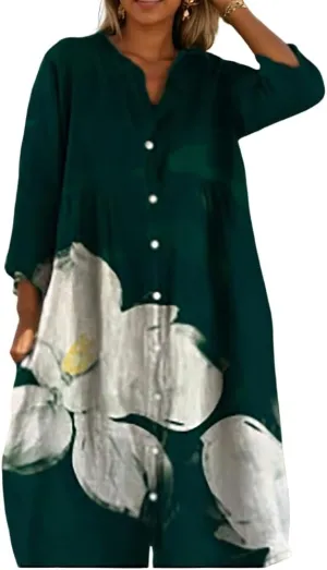 Akivide Women's Summer Boho Floral Print Button Down Shirt Dress with Pocket Casual Colorful Graphic Long Sleeve Maxi Dresses