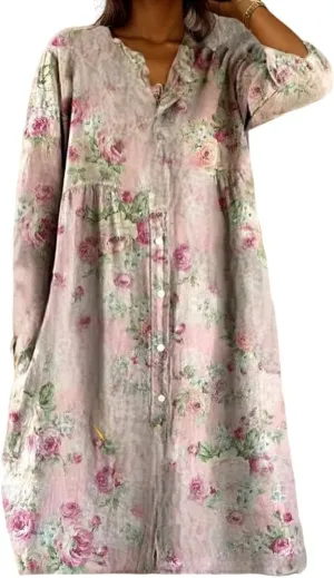 Akivide Women's Summer Boho Floral Print Button Down Shirt Dress with Pocket Casual Colorful Graphic Long Sleeve Maxi Dresses