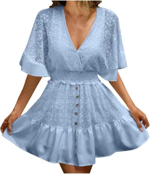Akklian Women's Floral Lace Mini Dress White Bridesmaid Wedding Party Dresses V Neck Empire Waist Ruffle Hem Summer Dress