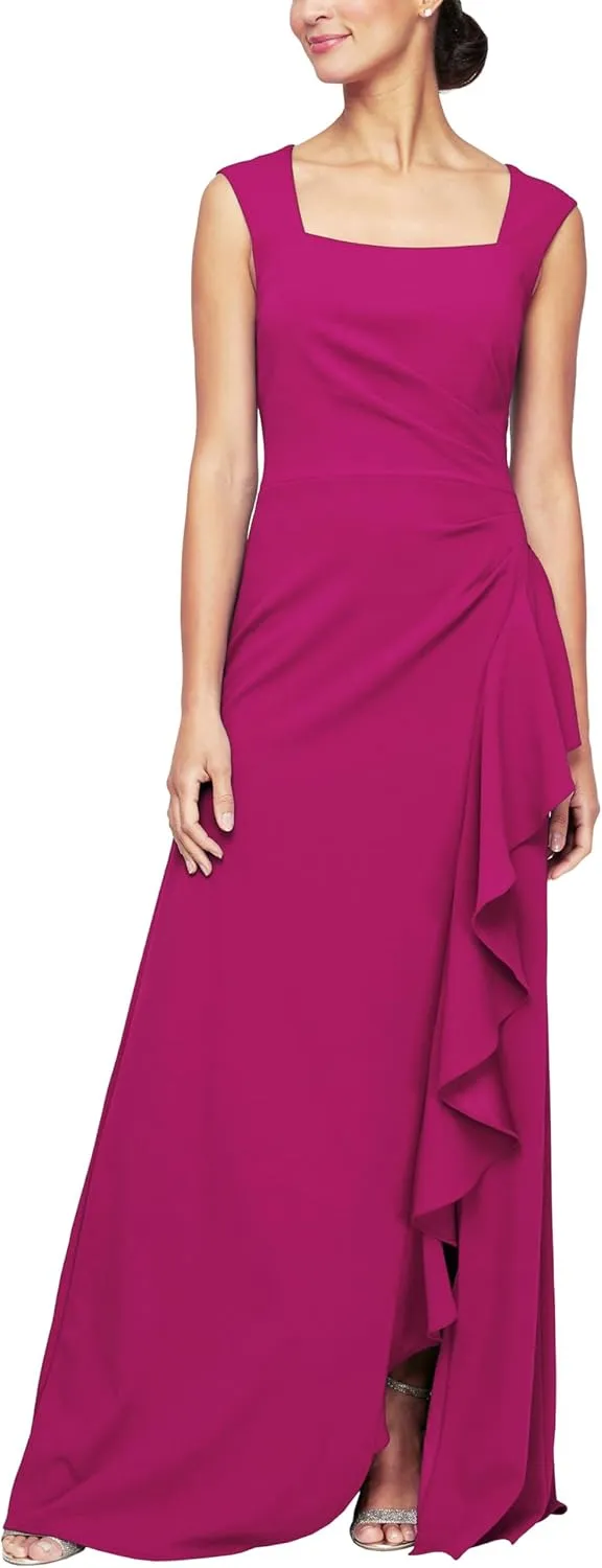 Alex Evenings Women's Long Cascade Ruffle Sleeveless Leg Slit, Mother of The Bride Dress, Elegant Party Gown
