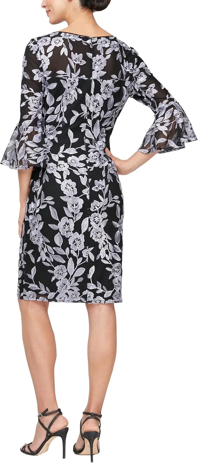 Alex Evenings Women's Short Shift Cocktail Gown with Bell Sleeves, Formal Events, Wedding Guest Dress