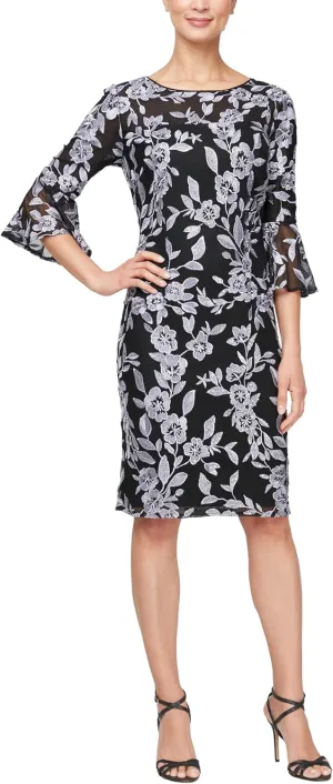 Alex Evenings Women's Short Shift Cocktail Gown with Bell Sleeves, Formal Events, Wedding Guest Dress