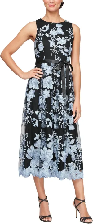 Alex Evenings Women's Sleeveless Midi Dress with Elegant Embroidery, Full Skirt and Tie Belt (Petite and Regular Sizes)