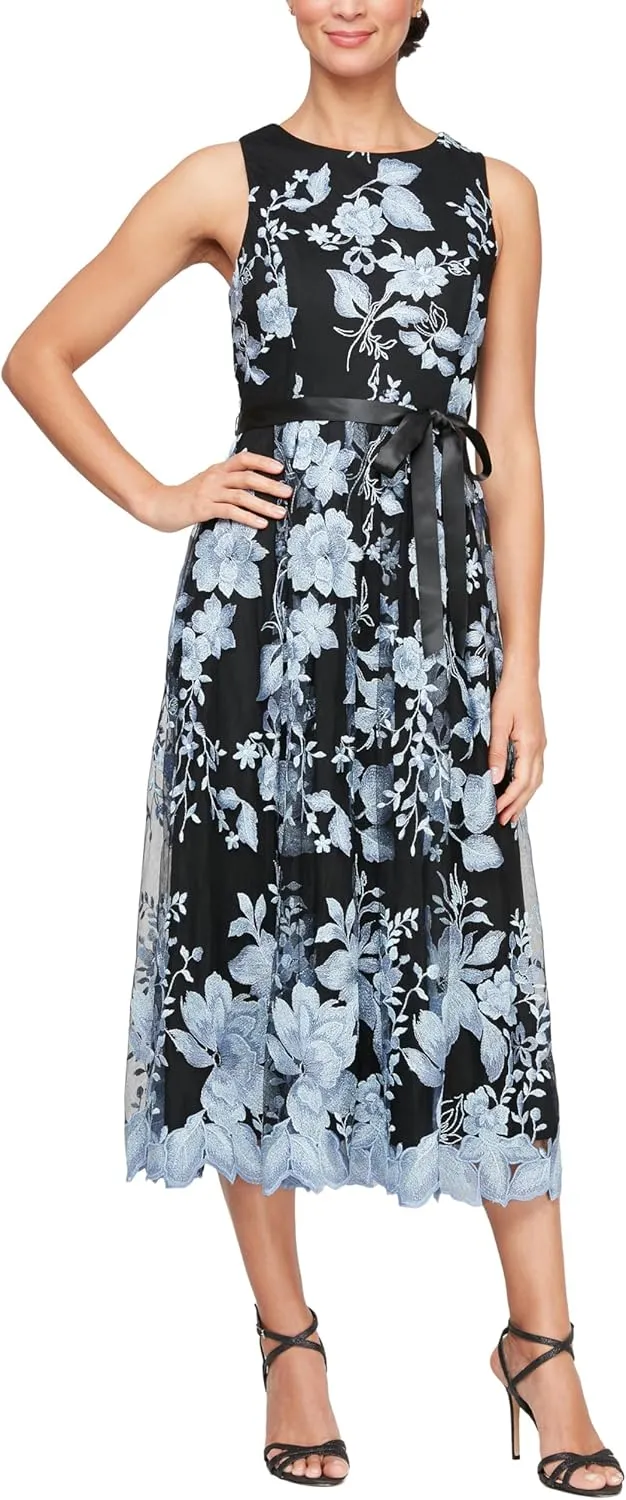 Alex Evenings Women's Sleeveless Midi Dress with Elegant Embroidery, Full Skirt and Tie Belt (Petite and Regular Sizes)