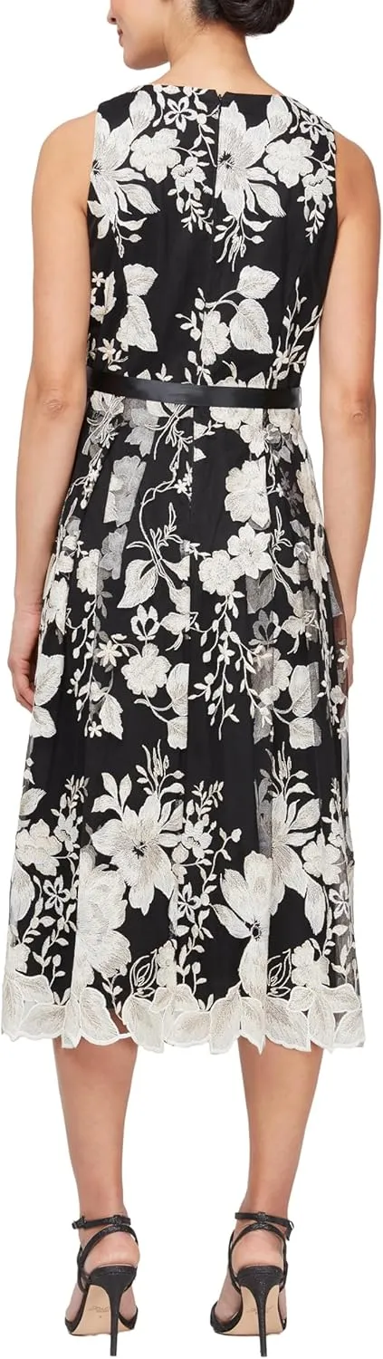 Alex Evenings Women's Sleeveless Midi Dress with Elegant Embroidery, Full Skirt and Tie Belt (Petite and Regular Sizes)
