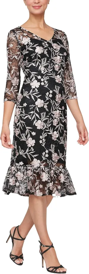 Alex Evenings Women's Tea Length Embroidered Cocktail Dress with Illusion Sleeves, Wedding Guest (Petite and Regular Sizes)