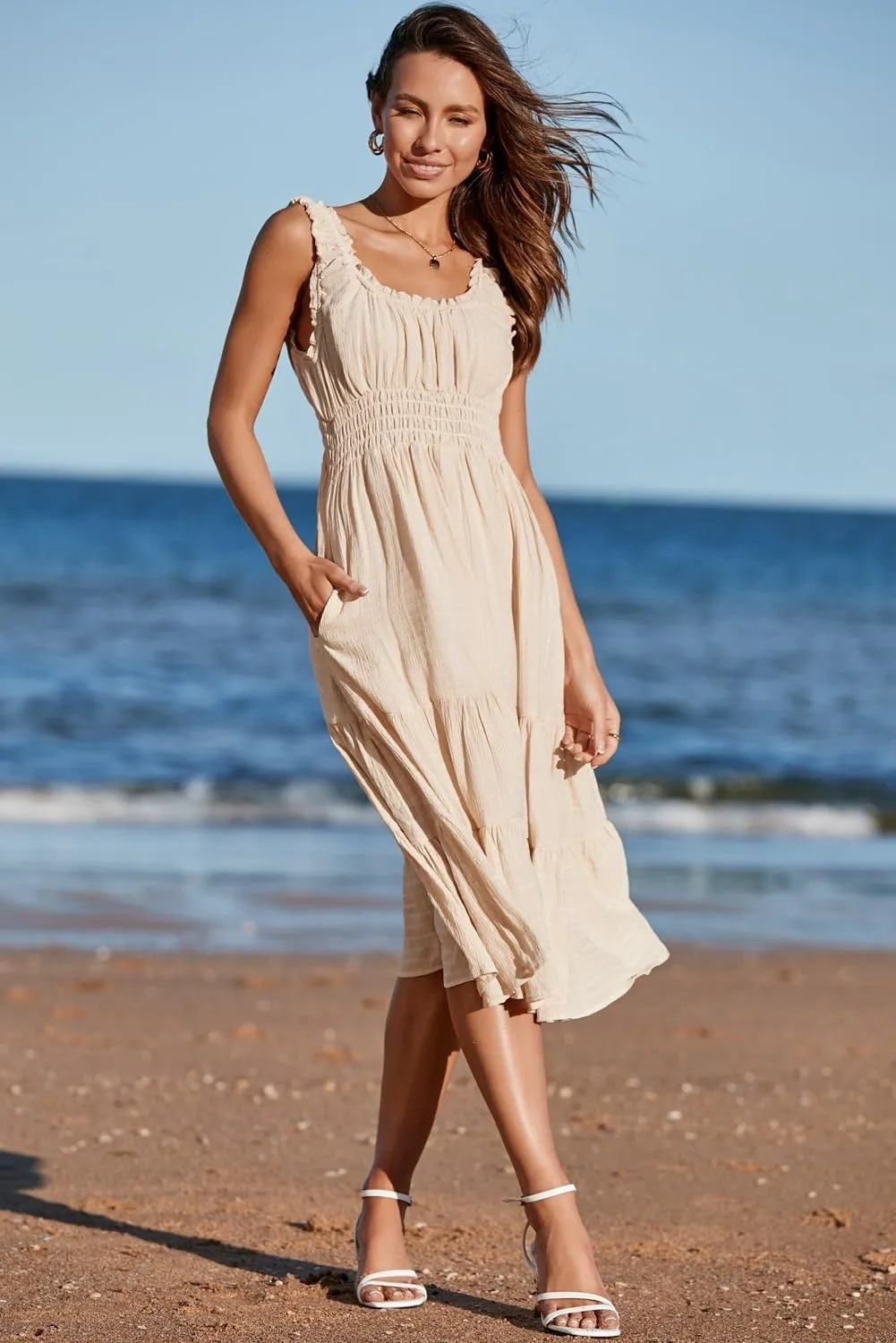 AlvaQ Women Summer Dresses Sleeveless Smocked Midi Dress High Waist Casual Tiered A Line Sundress with Pockets