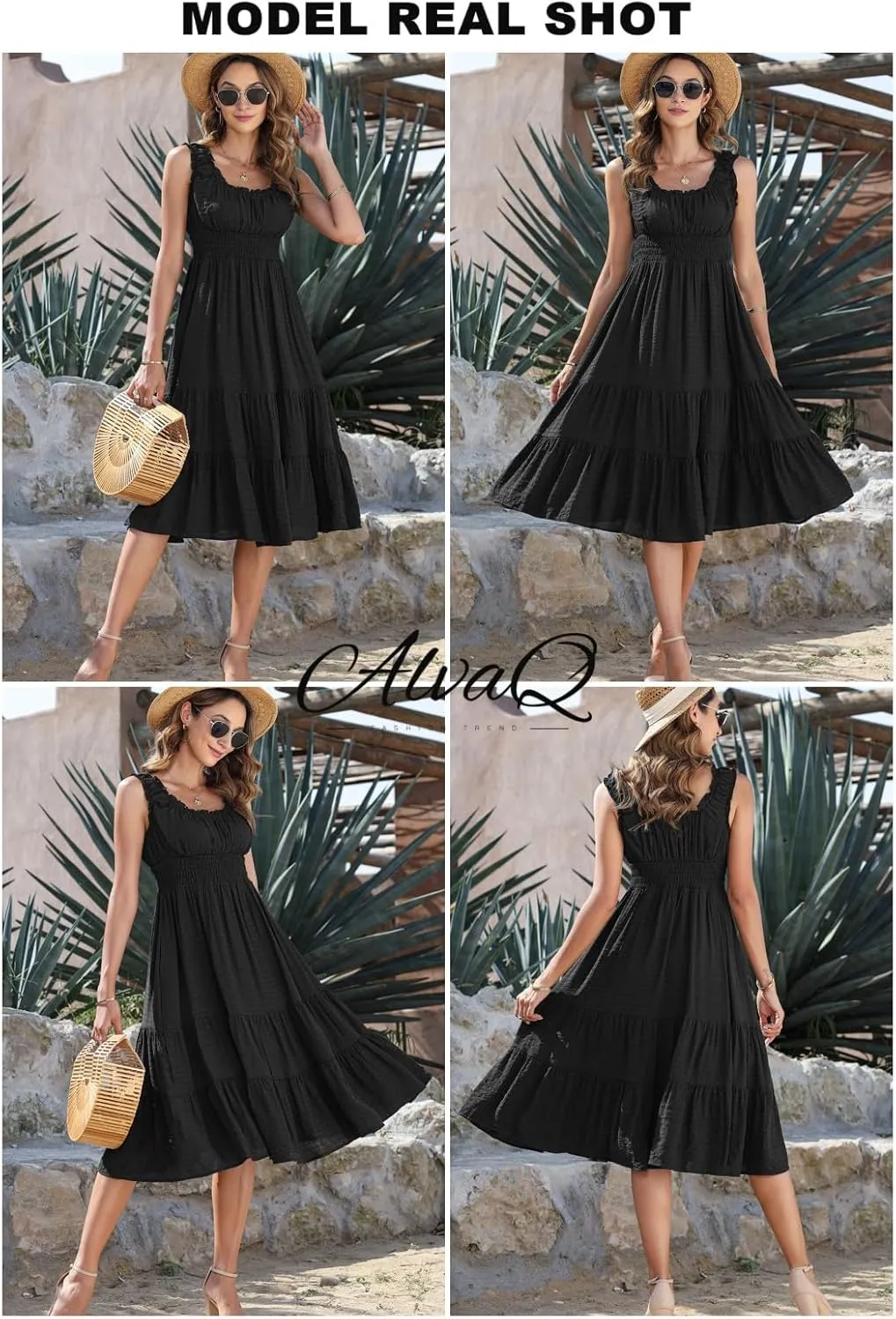 AlvaQ Women Summer Dresses Sleeveless Smocked Midi Dress High Waist Casual Tiered A Line Sundress with Pockets