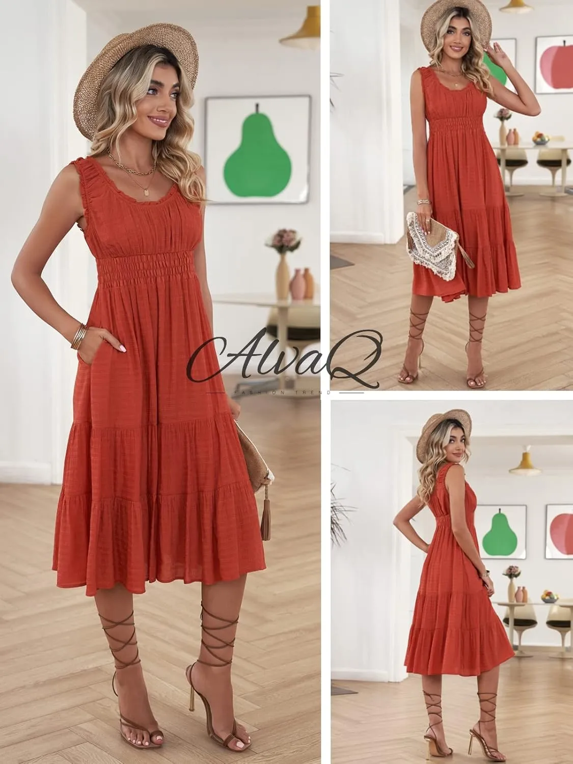 AlvaQ Women Summer Dresses Sleeveless Smocked Midi Dress High Waist Casual Tiered A Line Sundress with Pockets