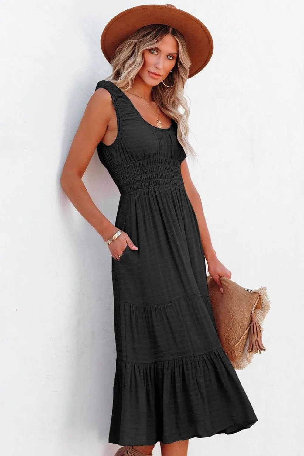 AlvaQ Women Summer Dresses Sleeveless Smocked Midi Dress High Waist Casual Tiered A Line Sundress with Pockets