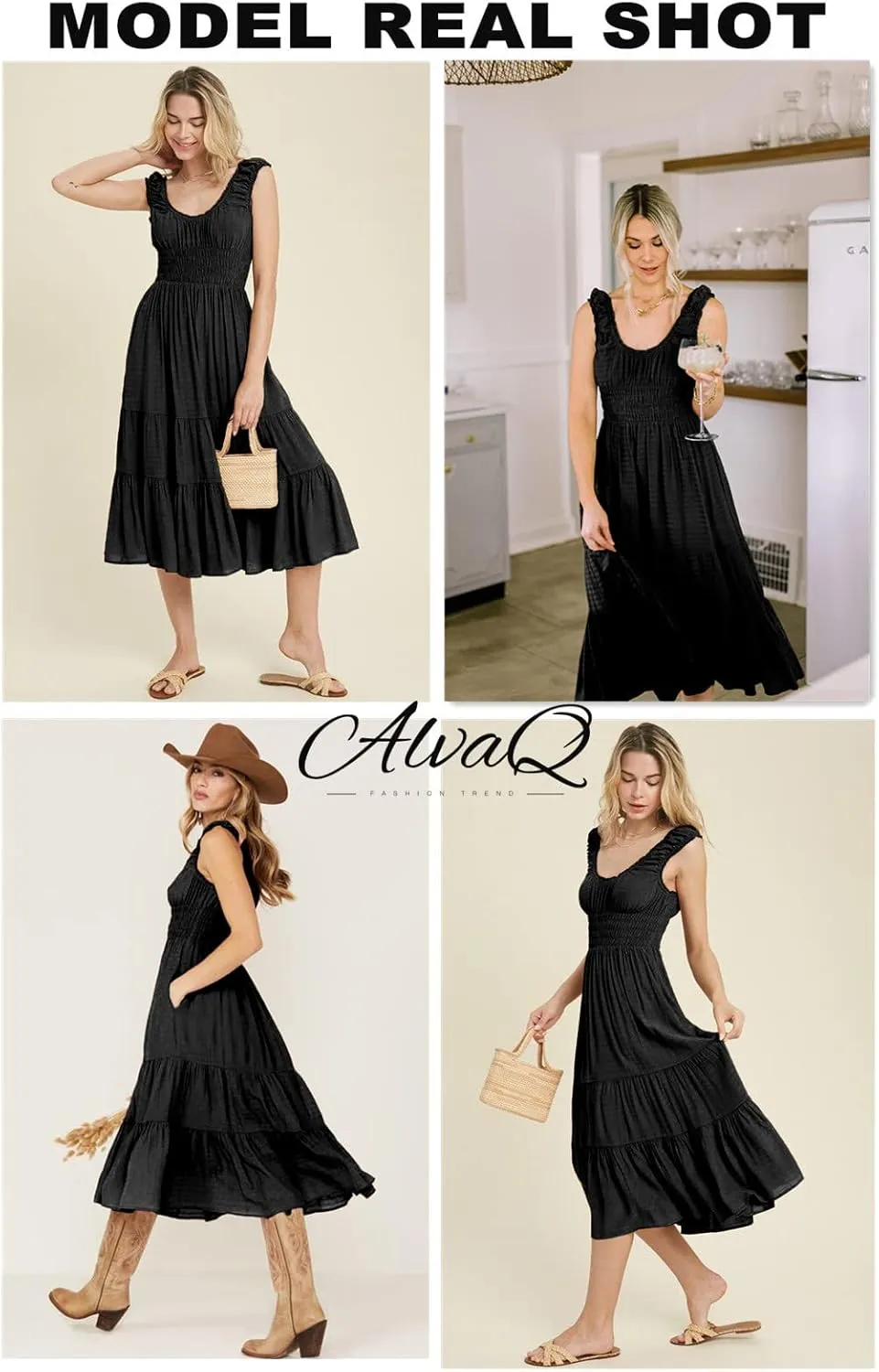 AlvaQ Women Summer Dresses Sleeveless Smocked Midi Dress High Waist Casual Tiered A Line Sundress with Pockets