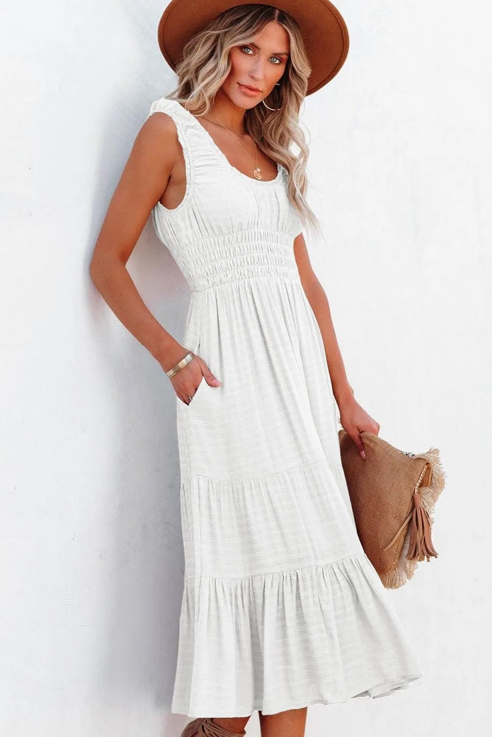 AlvaQ Women Summer Dresses Sleeveless Smocked Midi Dress High Waist Casual Tiered A Line Sundress with Pockets