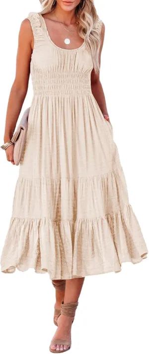 AlvaQ Women Summer Dresses Sleeveless Smocked Midi Dress High Waist Casual Tiered A Line Sundress with Pockets