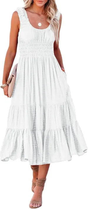 AlvaQ Women Summer Dresses Sleeveless Smocked Midi Dress High Waist Casual Tiered A Line Sundress with Pockets