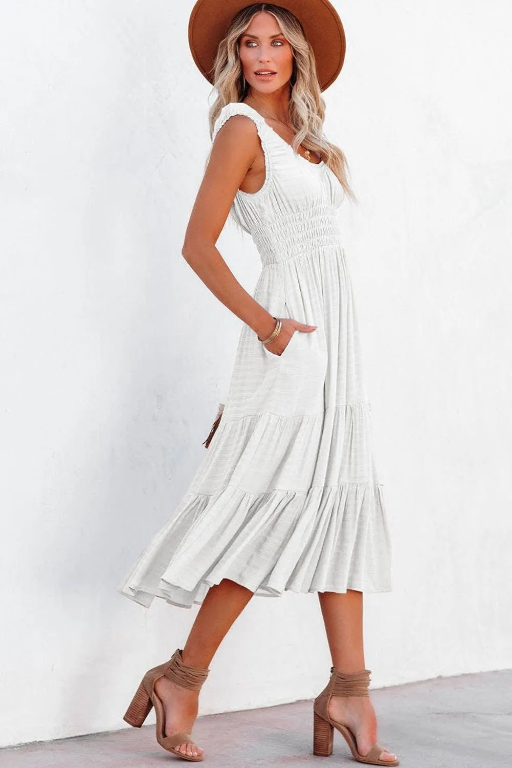 AlvaQ Women Summer Dresses Sleeveless Smocked Midi Dress High Waist Casual Tiered A Line Sundress with Pockets