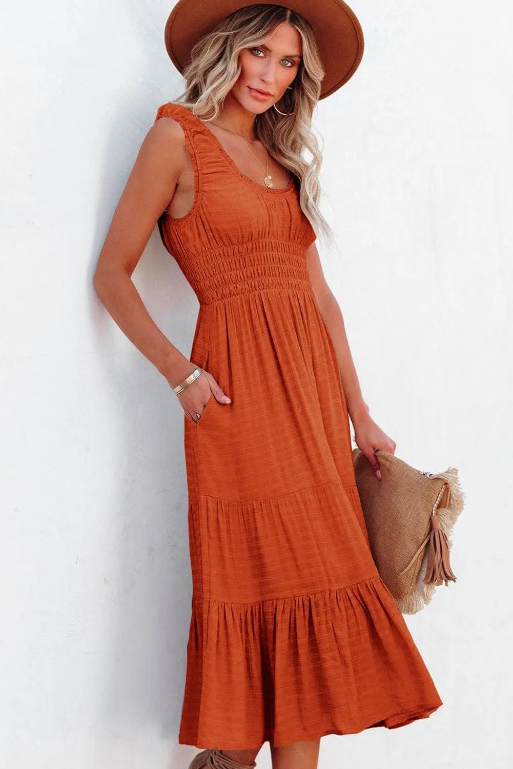 AlvaQ Women Summer Dresses Sleeveless Smocked Midi Dress High Waist Casual Tiered A Line Sundress with Pockets