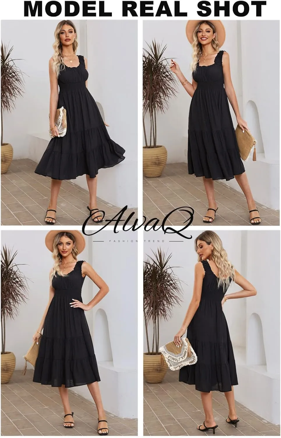 AlvaQ Women Summer Dresses Sleeveless Smocked Midi Dress High Waist Casual Tiered A Line Sundress with Pockets