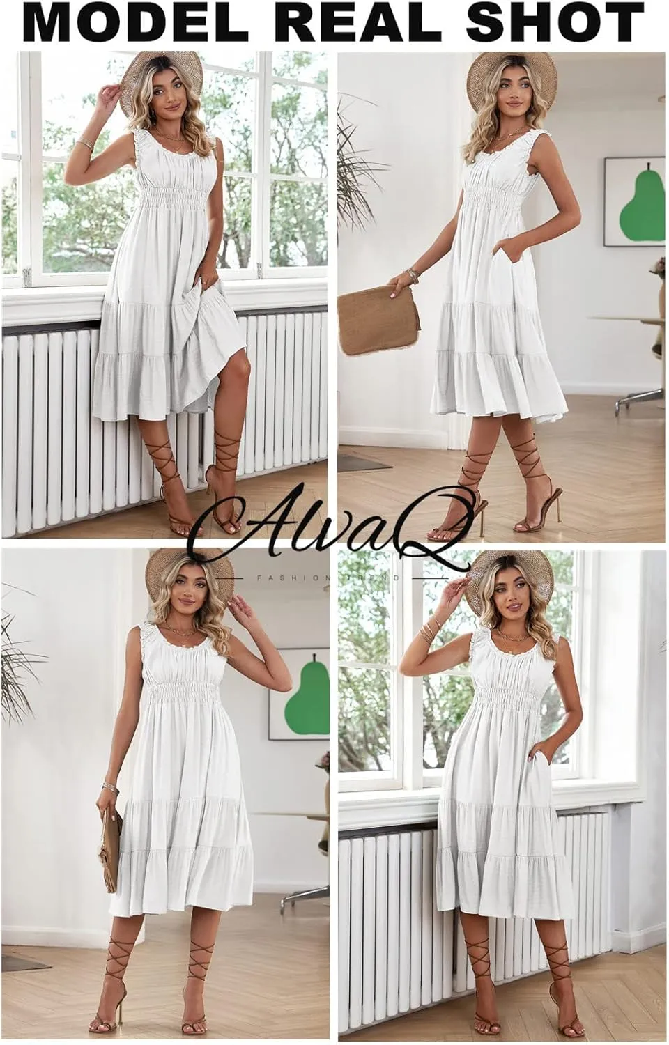 AlvaQ Women Summer Dresses Sleeveless Smocked Midi Dress High Waist Casual Tiered A Line Sundress with Pockets