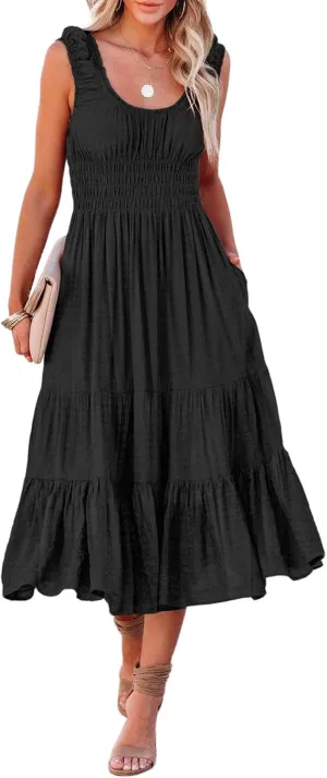AlvaQ Women Summer Dresses Sleeveless Smocked Midi Dress High Waist Casual Tiered A Line Sundress with Pockets