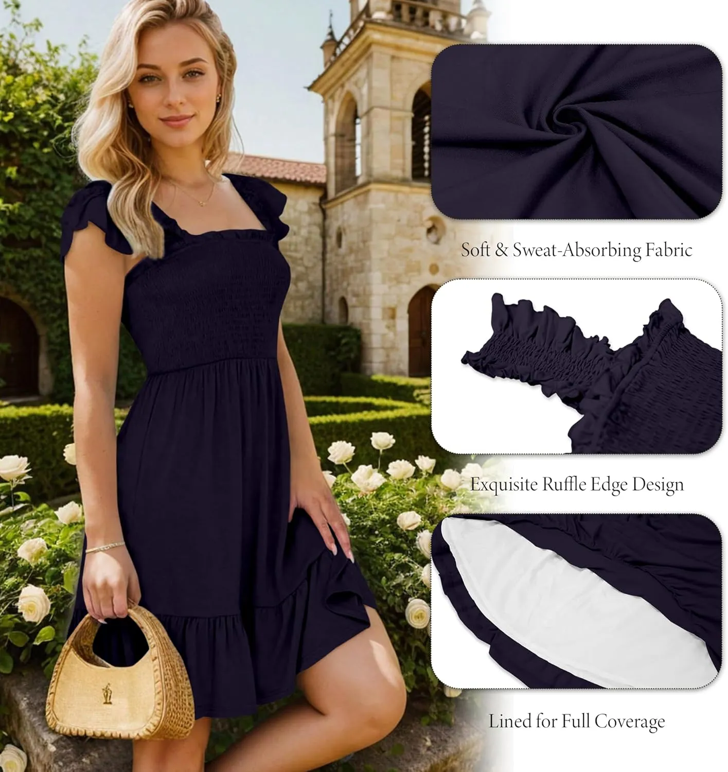 Ammiko 2025 Sundresses for Women Casual Smocked Dress Sleeveless Ruffle Square Neck Backless Teen Boho Short Dresses