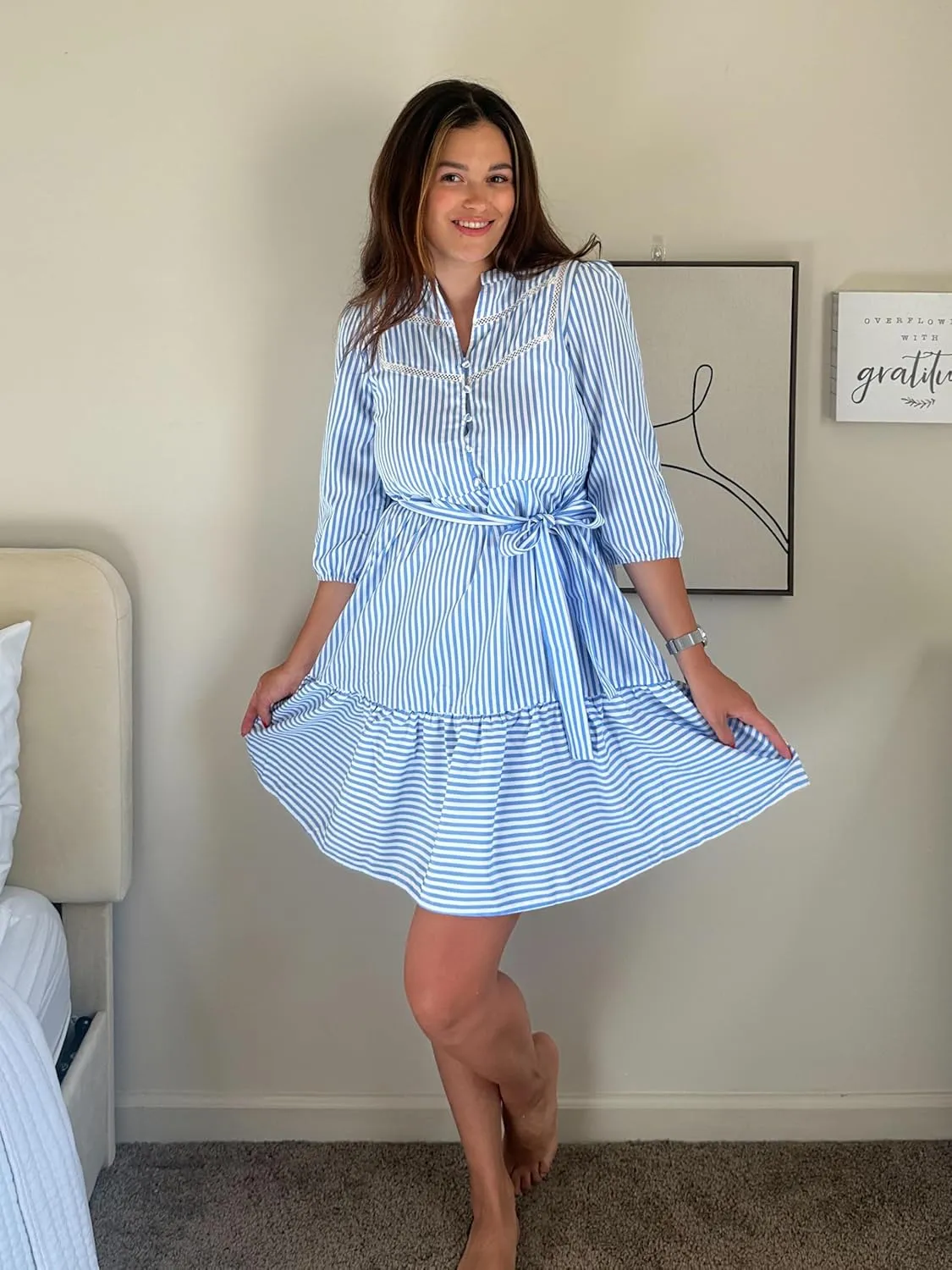 Angashion Women Striped Shirt Dress: Casual V Neck Button Down 3/4 Sleeve Belted Midi Dress Ruffle Flowy with Pockets