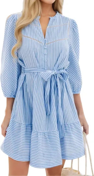 Angashion Women Striped Shirt Dress: Casual V Neck Button Down 3/4 Sleeve Belted Midi Dress Ruffle Flowy with Pockets