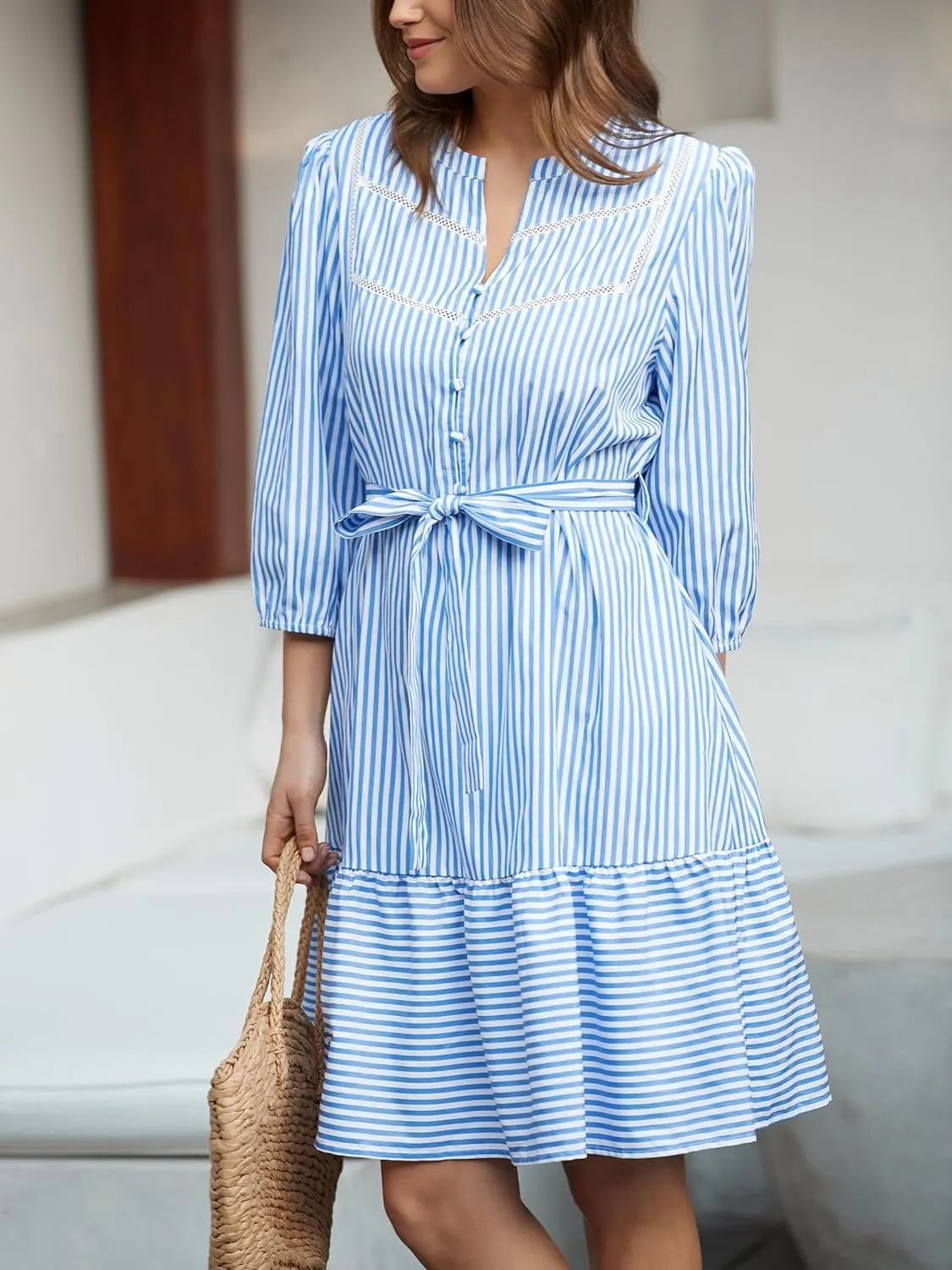 Angashion Women Striped Shirt Dress: Casual V Neck Button Down 3/4 Sleeve Belted Midi Dress Ruffle Flowy with Pockets