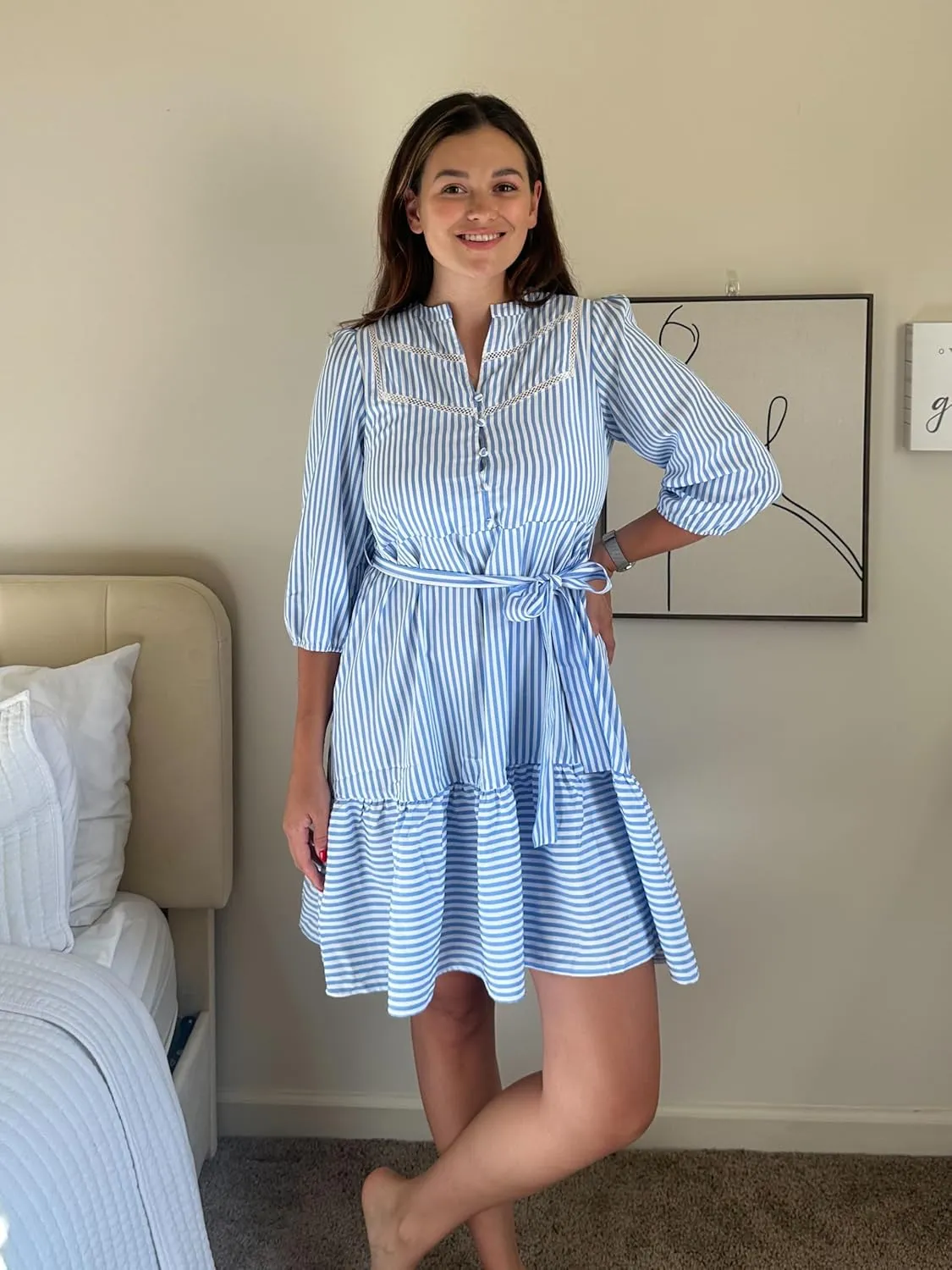 Angashion Women Striped Shirt Dress: Casual V Neck Button Down 3/4 Sleeve Belted Midi Dress Ruffle Flowy with Pockets