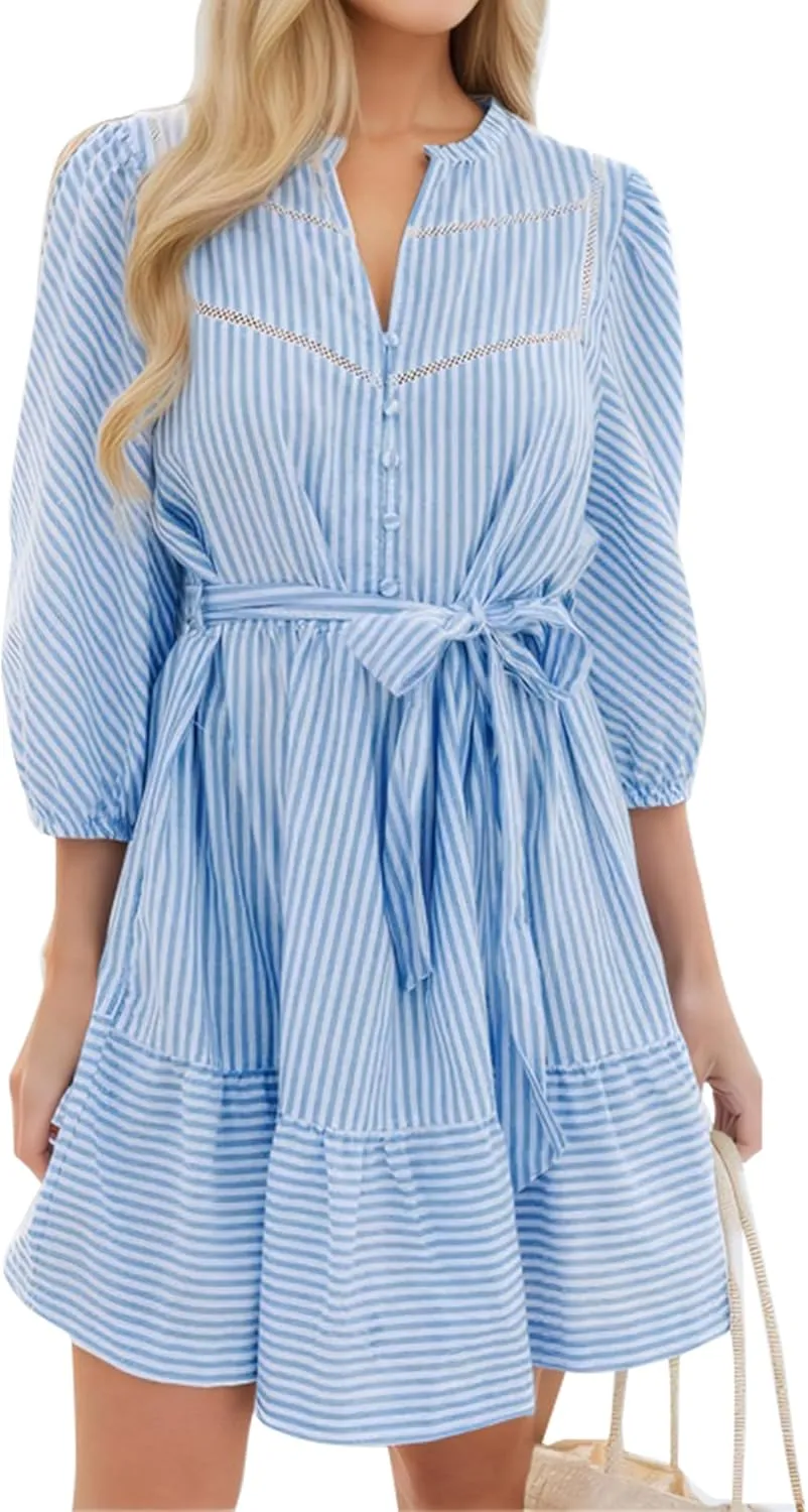 Angashion Women Striped Shirt Dress: Casual V Neck Button Down 3/4 Sleeve Belted Midi Dress Ruffle Flowy with Pockets