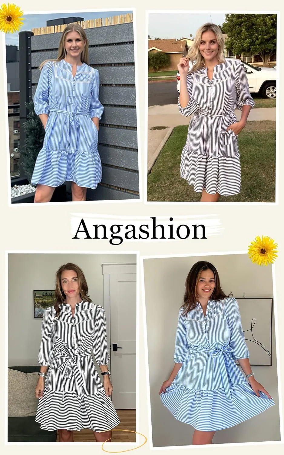 Angashion Women Striped Shirt Dress: Casual V Neck Button Down 3/4 Sleeve Belted Midi Dress Ruffle Flowy with Pockets