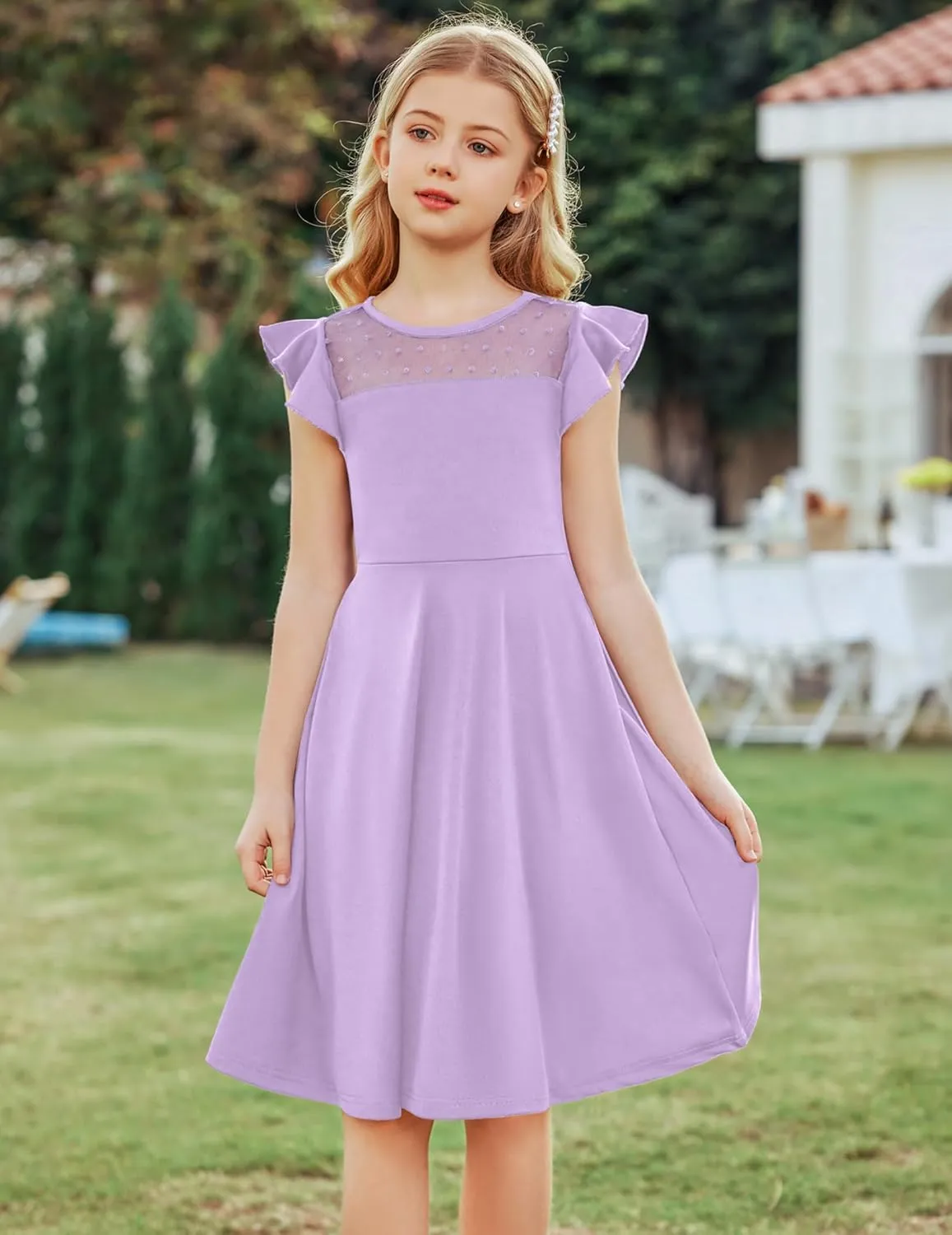 Arshiner Girls Dress Summer Ruffle Sleeve Mesh A Line Casual Party Dresses with Pockets 6-13 Years