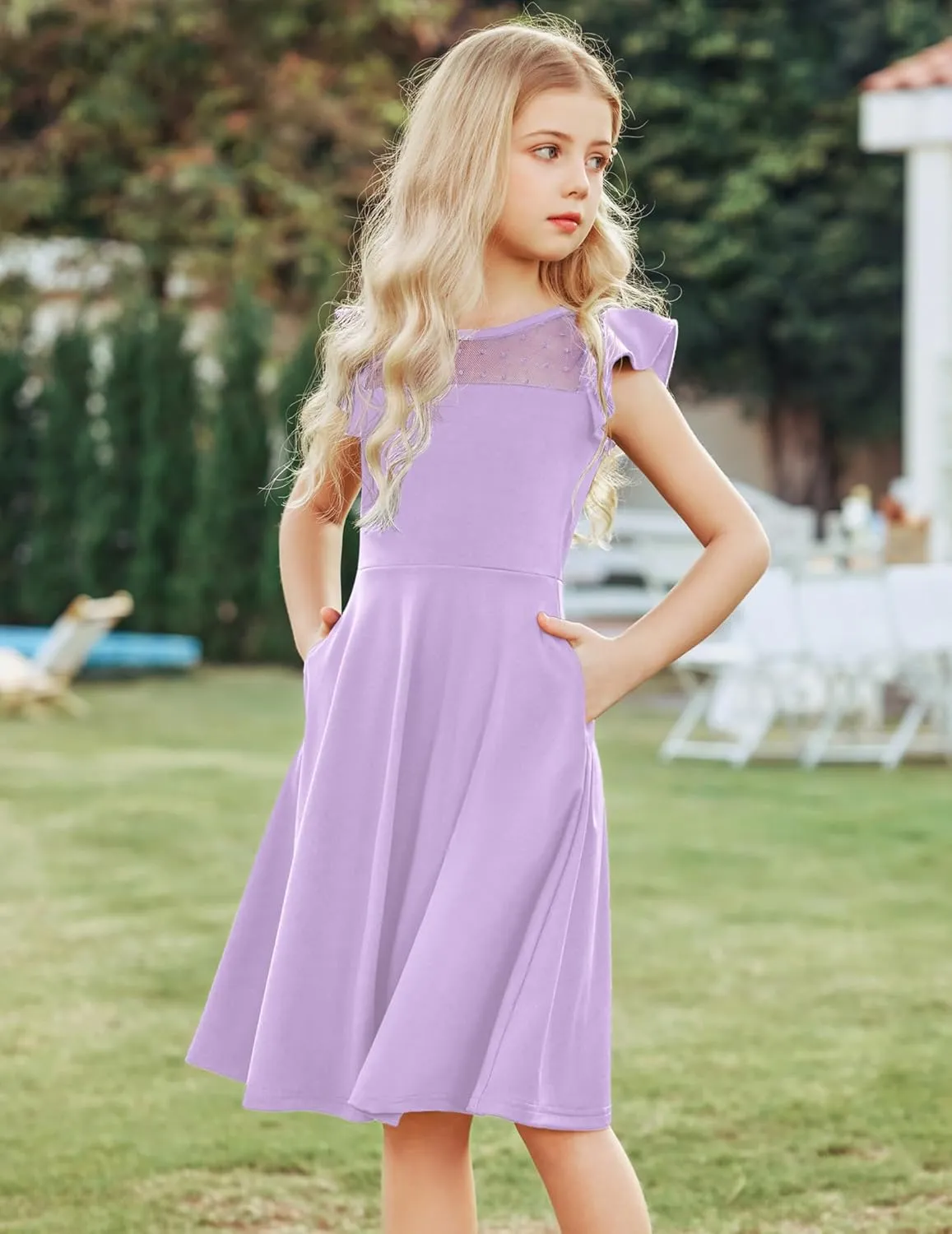 Arshiner Girls Dress Summer Ruffle Sleeve Mesh A Line Casual Party Dresses with Pockets 6-13 Years