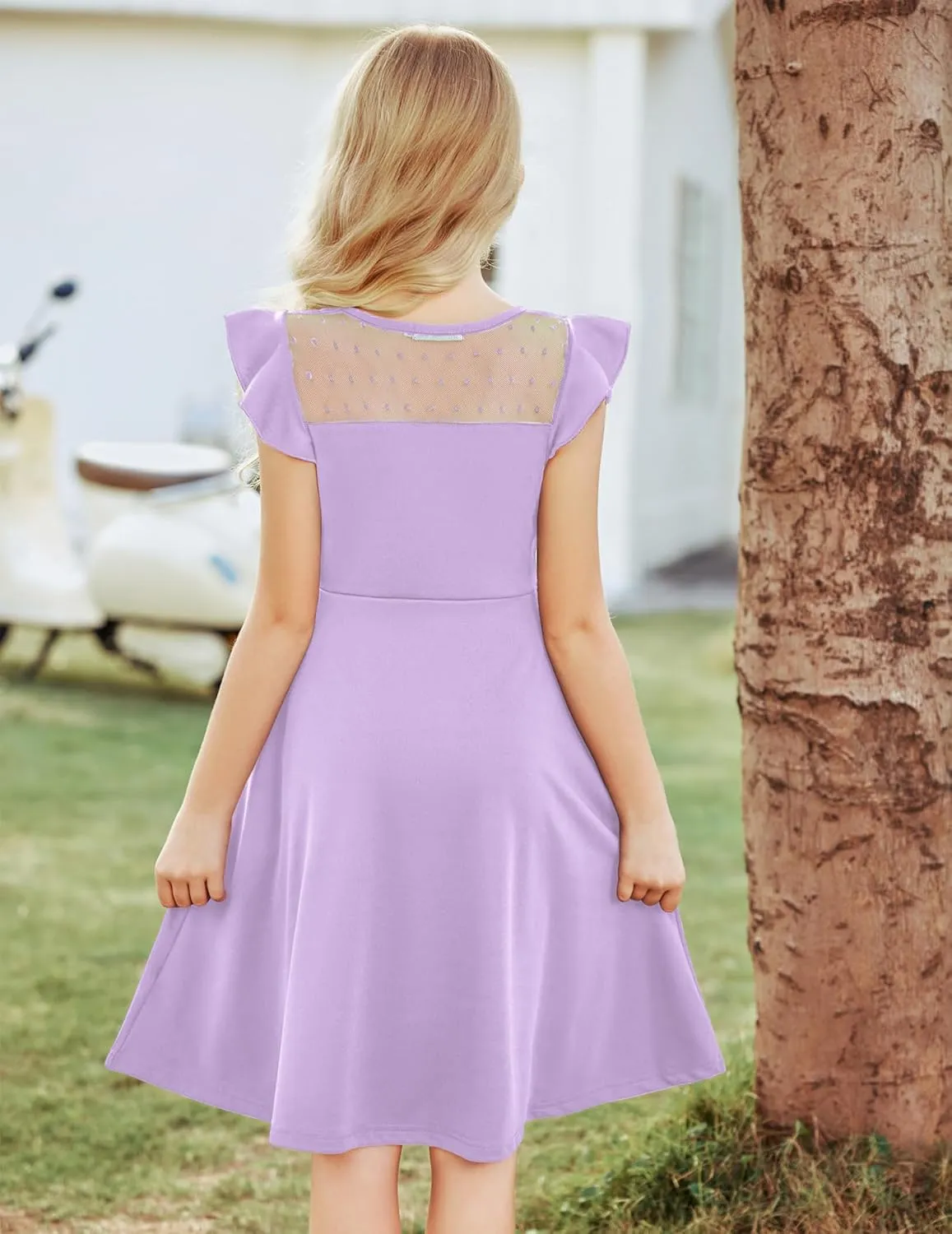 Arshiner Girls Dress Summer Ruffle Sleeve Mesh A Line Casual Party Dresses with Pockets 6-13 Years