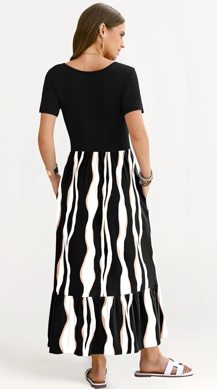 AUSELILY Womens Summer Dresses 2025 Short Sleeve Maxi Dress Crewneck Casual Sundresses with Pockets