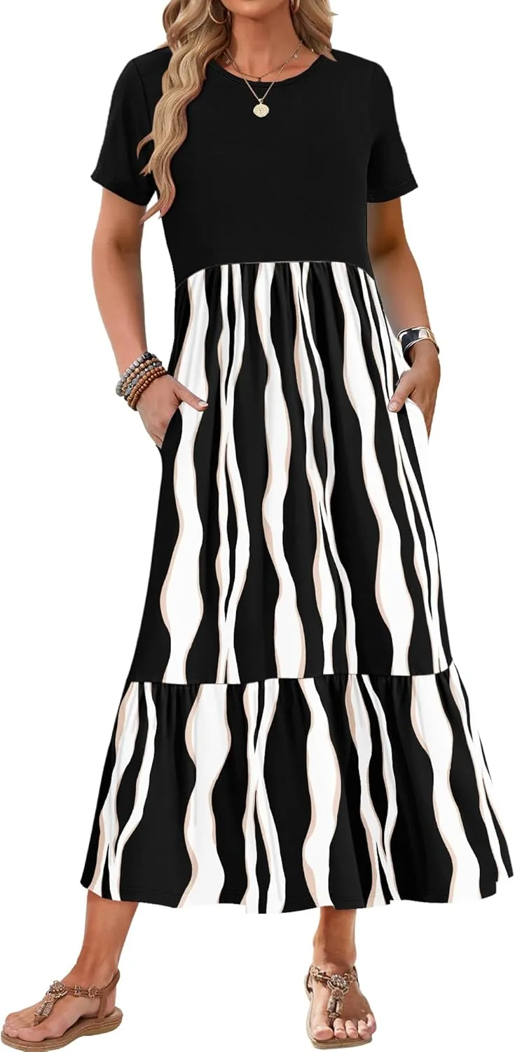 AUSELILY Womens Summer Dresses 2025 Short Sleeve Maxi Dress Crewneck Casual Sundresses with Pockets