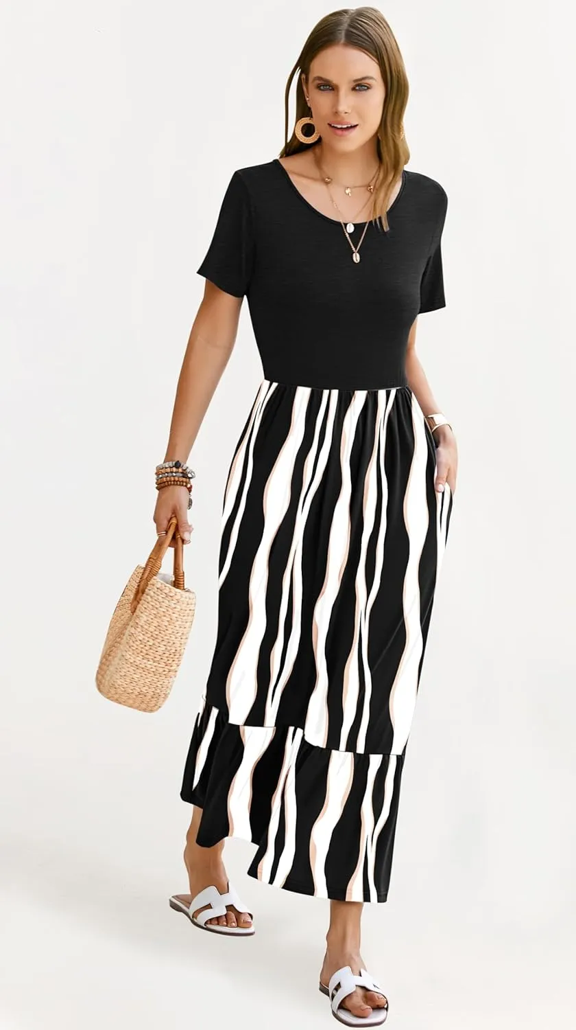 AUSELILY Womens Summer Dresses 2025 Short Sleeve Maxi Dress Crewneck Casual Sundresses with Pockets