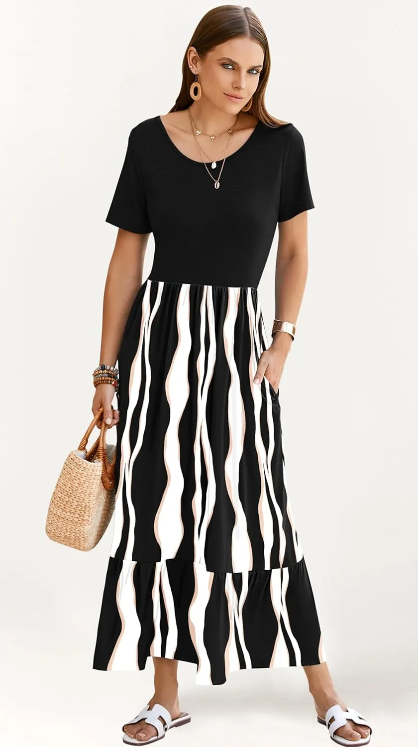 AUSELILY Womens Summer Dresses 2025 Short Sleeve Maxi Dress Crewneck Casual Sundresses with Pockets