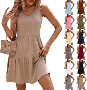 Babydoll Dress for Women Cute Sleeveless V Neck Layered Mini Dress Casual Summer Vacation Beach Sundress 2025