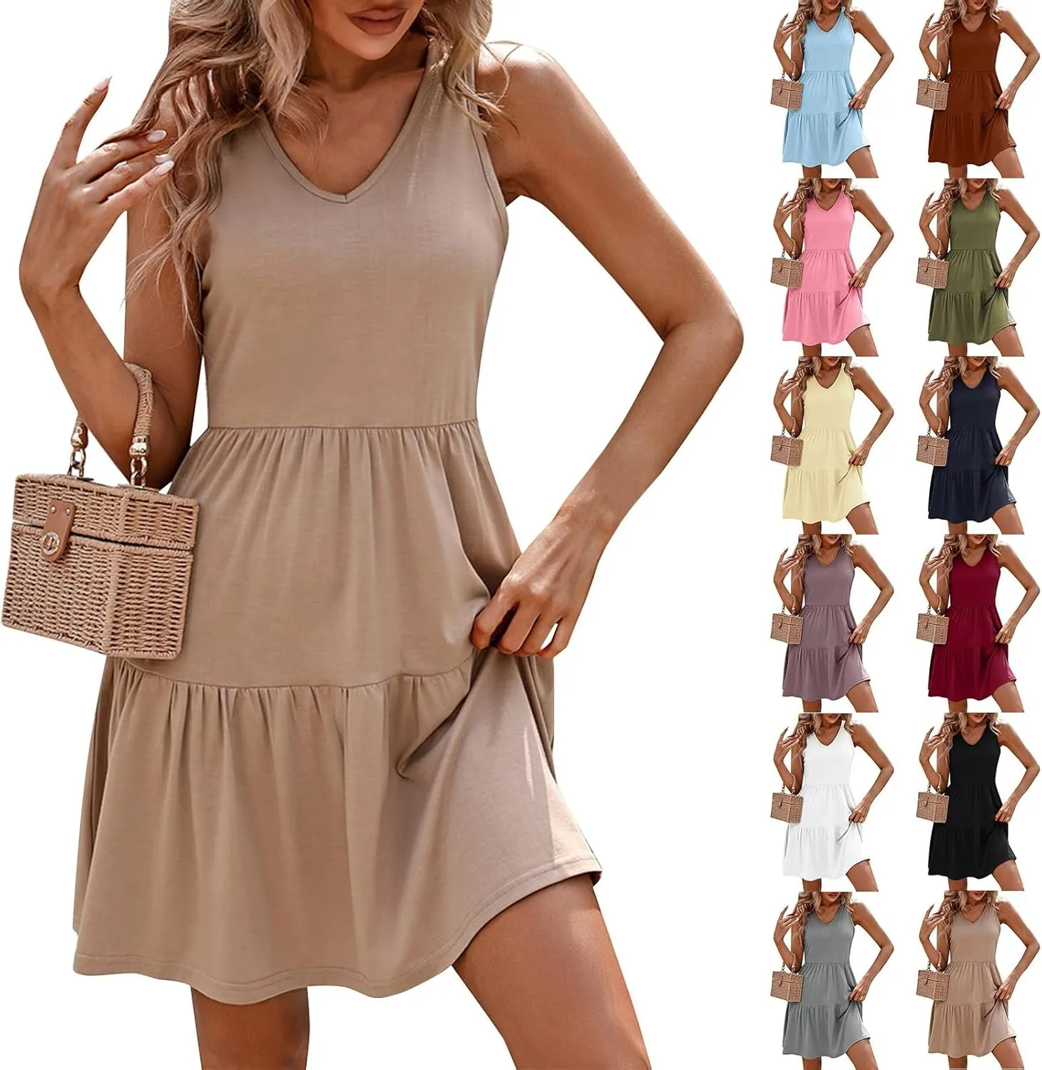 Babydoll Dress for Women Cute Sleeveless V Neck Layered Mini Dress Casual Summer Vacation Beach Sundress 2025