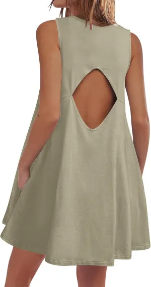 Backless Mini Dress Women 2025 Sleeveless Crewneck Solid Color Loose Summer Casual Sexy Open Back Vacation Outfits