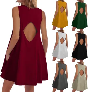 Backless Mini Dress Women 2025 Sleeveless Crewneck Solid Color Loose Summer Casual Sexy Open Back Vacation Outfits