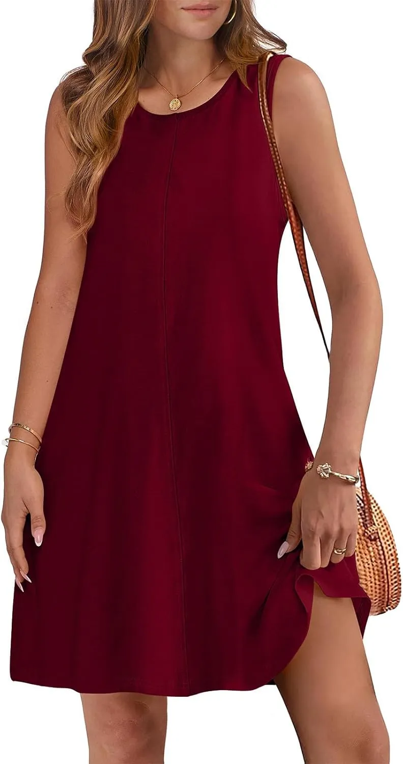 Backless Mini Dress Women 2025 Sleeveless Crewneck Solid Color Loose Summer Casual Sexy Open Back Vacation Outfits