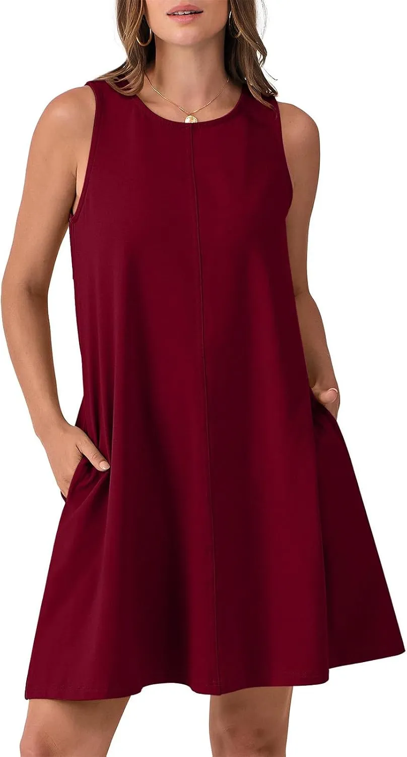 Backless Mini Dress Women 2025 Sleeveless Crewneck Solid Color Loose Summer Casual Sexy Open Back Vacation Outfits