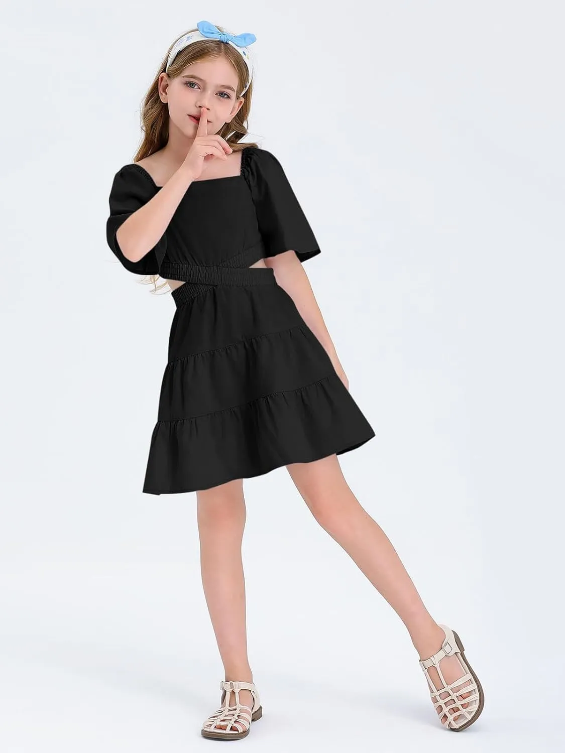 Batermoon Girls Summer Dress Square Neck Short Sleeve Crossover Waist Casual A-line Mini Dress