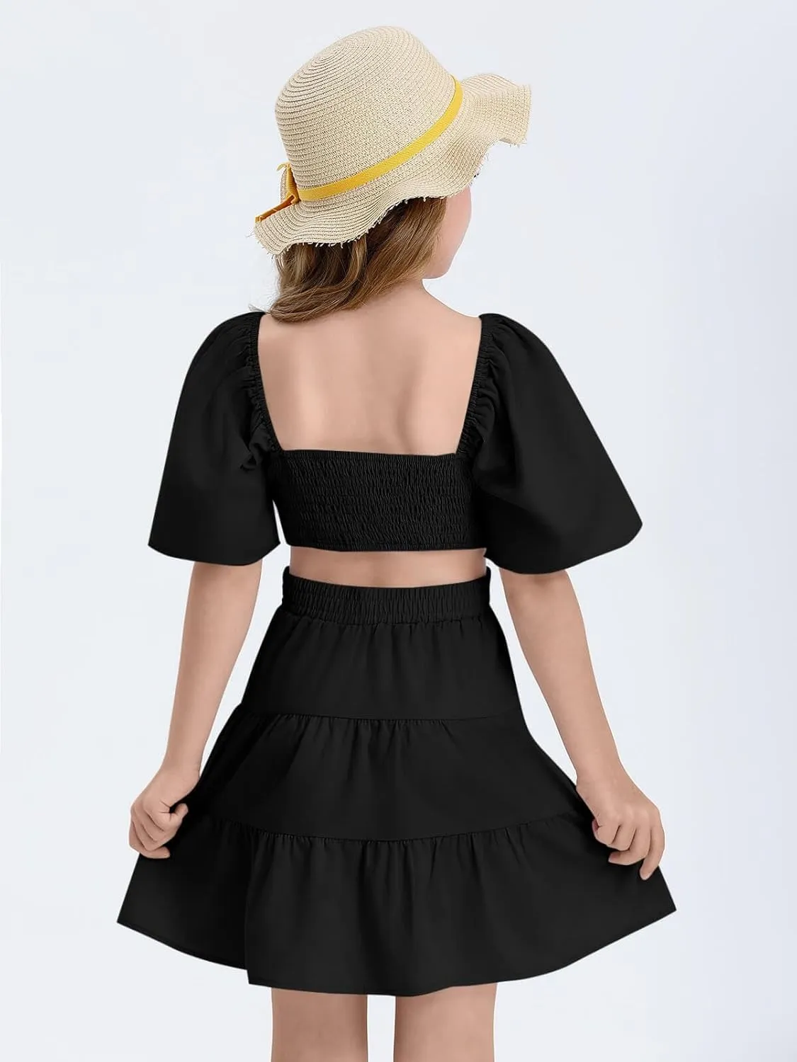 Batermoon Girls Summer Dress Square Neck Short Sleeve Crossover Waist Casual A-line Mini Dress